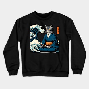 Vaporwave Samurai Cat Great Wave Off Kanagawa Crewneck Sweatshirt